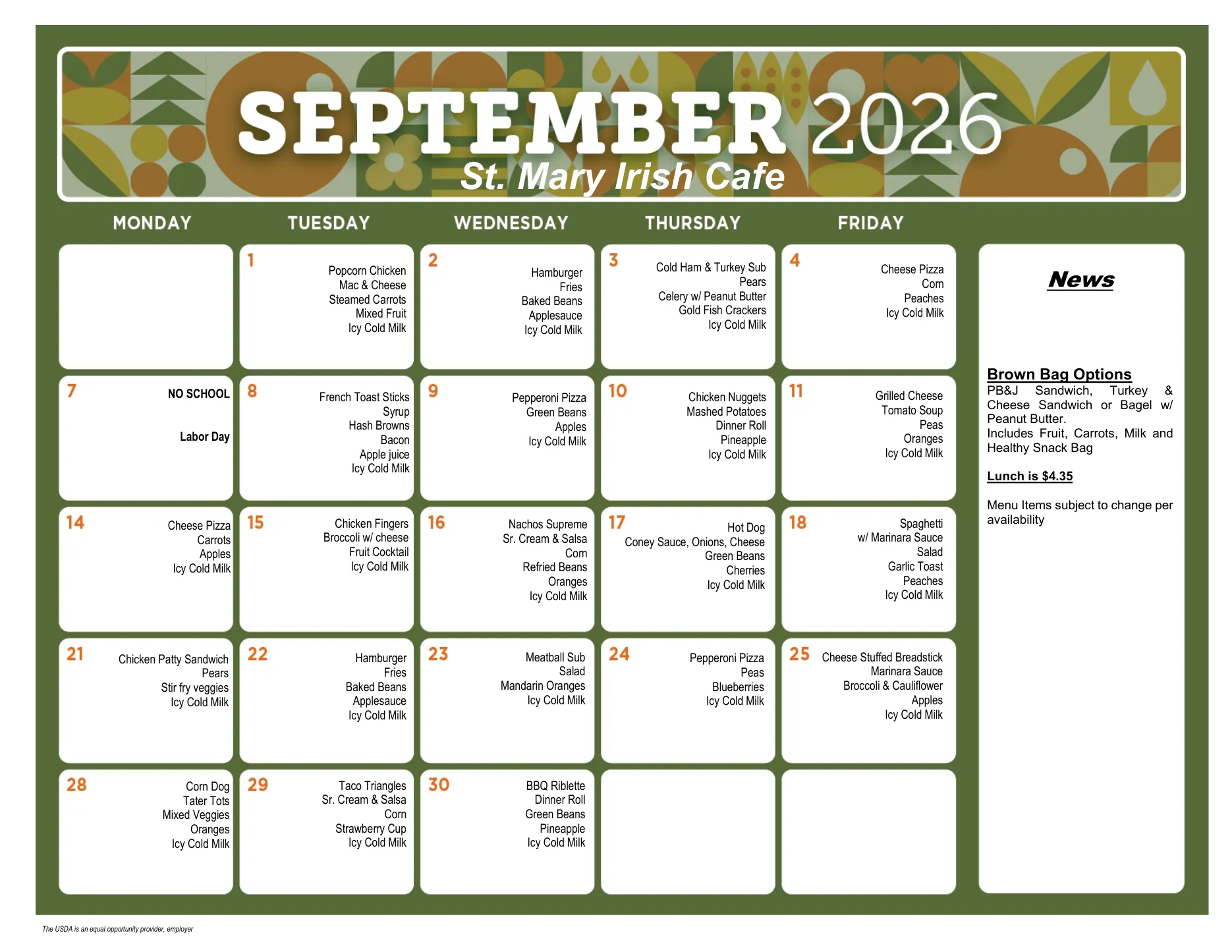 Saint Mary Irish Café lunch calendar for September 2026