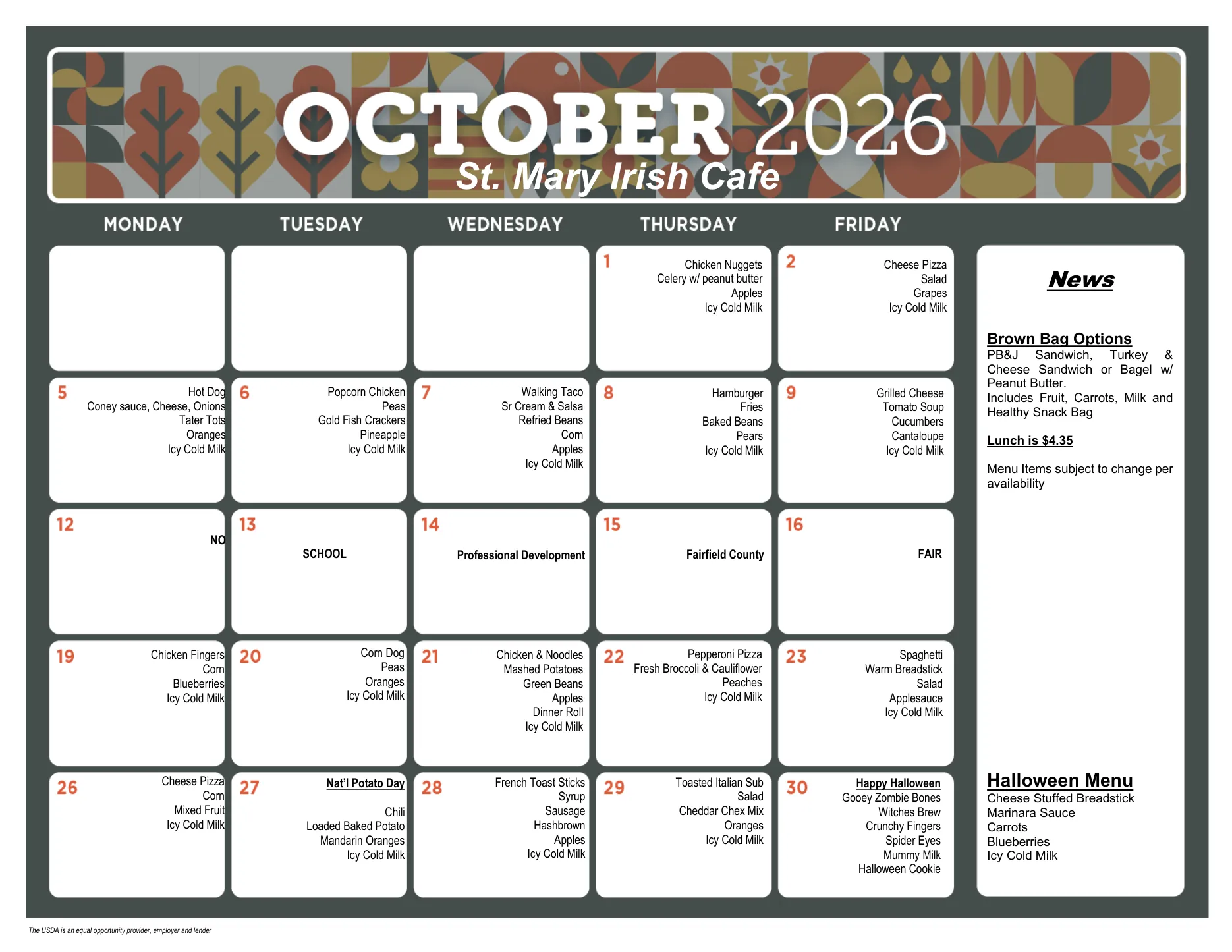 Saint Mary Irish Café lunch calendar for October 2026